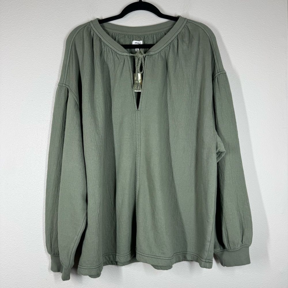 NWT Aerie Gauzy Pullover Sweatshirt Green Tassel Tie V Neck Oversized Medium